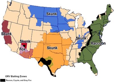Map of US showing rabies baiting zones for wildlife vaccination