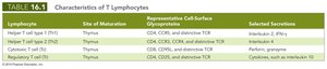 Table of T lymphocyte characteristics