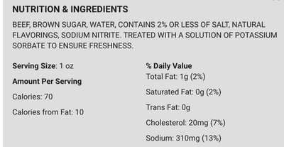 Nutrition label showing preservatives used in beef jerky