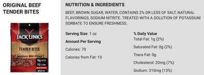 Beef jerky product with ingredient list