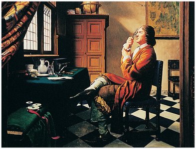 Antoni van Leeuwenhoek observing microorganisms