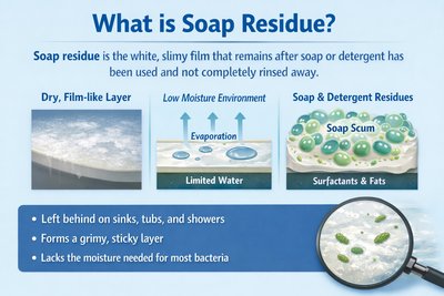 Diagram explaining soap residue and its effect on bacterial growth