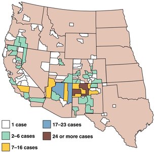 Map of plague cases in the southwestern United States