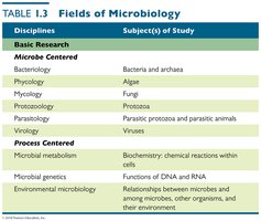 Fields of Microbiology (table 1.3 part 1)