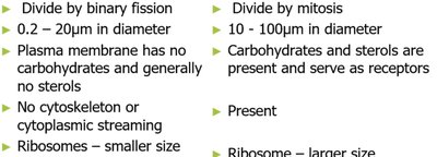 Table of differences between prokaryotic and eukaryotic cells