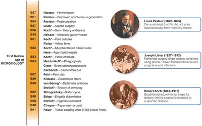 Timeline and portraits of Pasteur, Lister, Koch