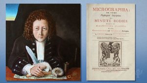 Portrait and book of Robert Hooke