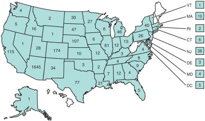Map of human West Nile virus cases in the U.S., 2021