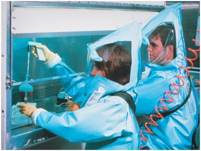 Scientists working in a BSL-4 laboratory with full protective suits