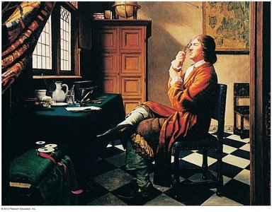 Anton van Leeuwenhoek observing specimens with his microscope