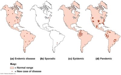 Maps of endemic, sporadic, epidemic, and pandemic disease occurrence