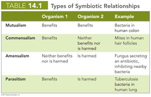Table of Types of Symbiotic Relationships