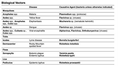 Table of biological vectors