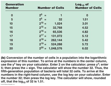 Table showing exponential growth and log10 values
