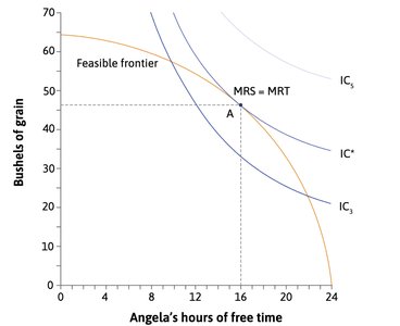 Feasible frontier and indifference curves: optimal allocation at tangency