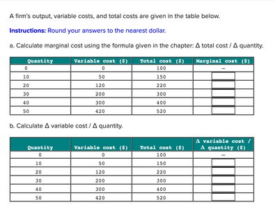 Marginal cost calculation table