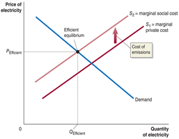 Graph showing marginal private cost and marginal social cost in electricity market
