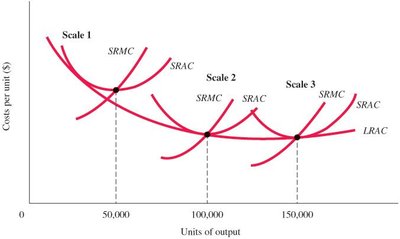 Graph showing LRAC and SRAC curves for different scales, illustrating economies of scale