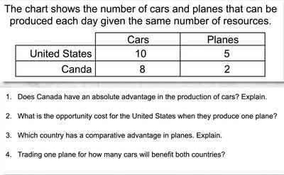 Table comparing cars and planes production in US and Canada with questions