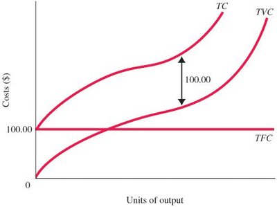 Total cost, total variable cost, and total fixed cost curves
