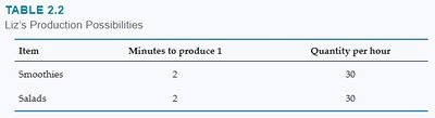Liz's production possibilities table