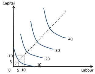 Isoquant map showing combinations of capital and labour