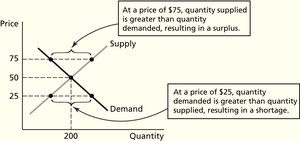 Supply and demand graph showing equilibrium, surplus, and shortage