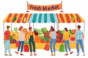 Fresh market with buyers and sellers