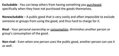 Definitions of excludable, nonexcludable, rival, and nonrival