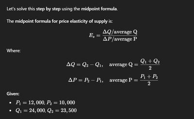 Midpoint formula for price elasticity of supply