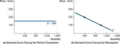 Demand curve comparison: perfect competitor vs. monopolist