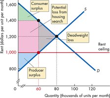 Graph showing consumer surplus, producer surplus, deadweight loss, and potential loss from housing search under rent ceiling