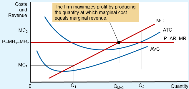 Profit maximization for a competitive firm: MC, ATC, AVC, and price lines