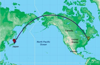 Flight path between NYC and Tokyo on a map