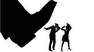 Large shoe threatening people, representing abuse of market power
