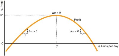 Profit maximization graph: profit curve with maximum at q*