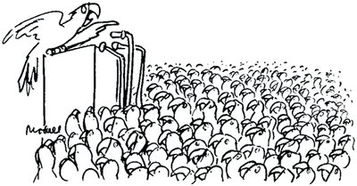 Cartoon of parrots at a podium, illustrating scarcity and competition for resources