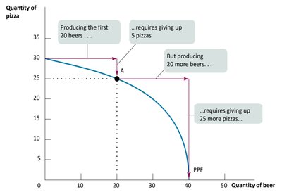 Production Possibility Frontier showing trade-offs between pizza and beer