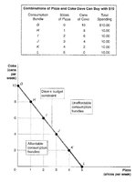 Budget constraint and indifference curve for pizza and coke