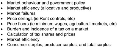 List of microeconomics study topics including market behaviour, efficiency, price controls, tax incidence, and surplus