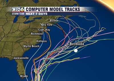 Weather model tracks showing hurricane paths