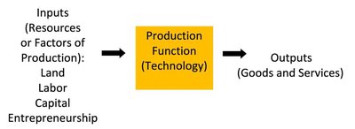 Diagram of production function: Inputs (land, labor, capital, entrepreneurship) transformed into outputs (goods and services)