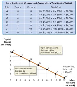 Isocost line for combinations of workers and ovens