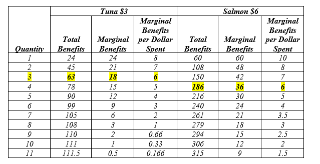 Budget constraint for tuna and salmon