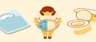 Illustration of eating disorder behaviors: scale, person with food, toilet