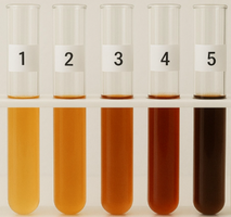 Test tubes showing varying color intensity for benzoquinone formation
