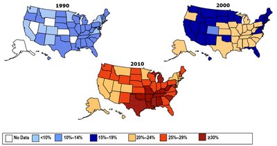 Obesity trends in US adults by state, 1990-2010