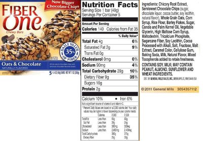 Fiber One bar nutrition label, showing prebiotic fiber content