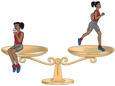 A balance scale showing energy intake and energy expenditure