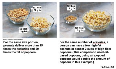 Calorie and fat comparison between peanuts and popcorn